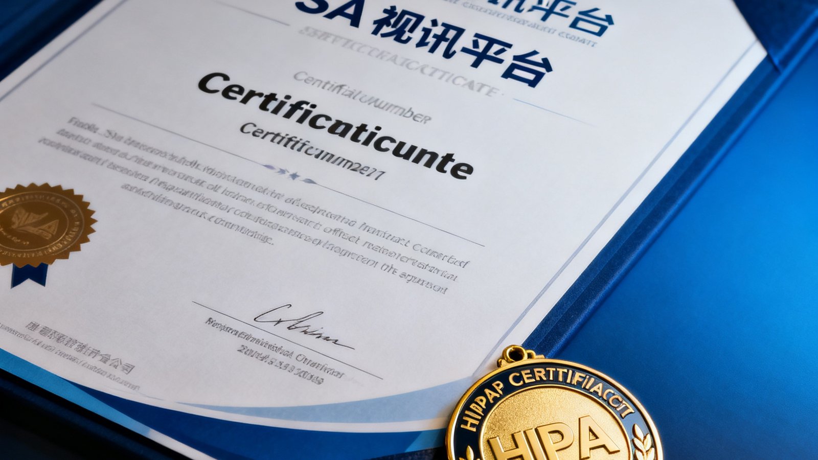 一张展示HIPAA合规认证证书的特写图片，证书上印有SA视讯平台名称及认证编号，背景为深蓝色渐变，右下角放置一枚金色认证徽章。
